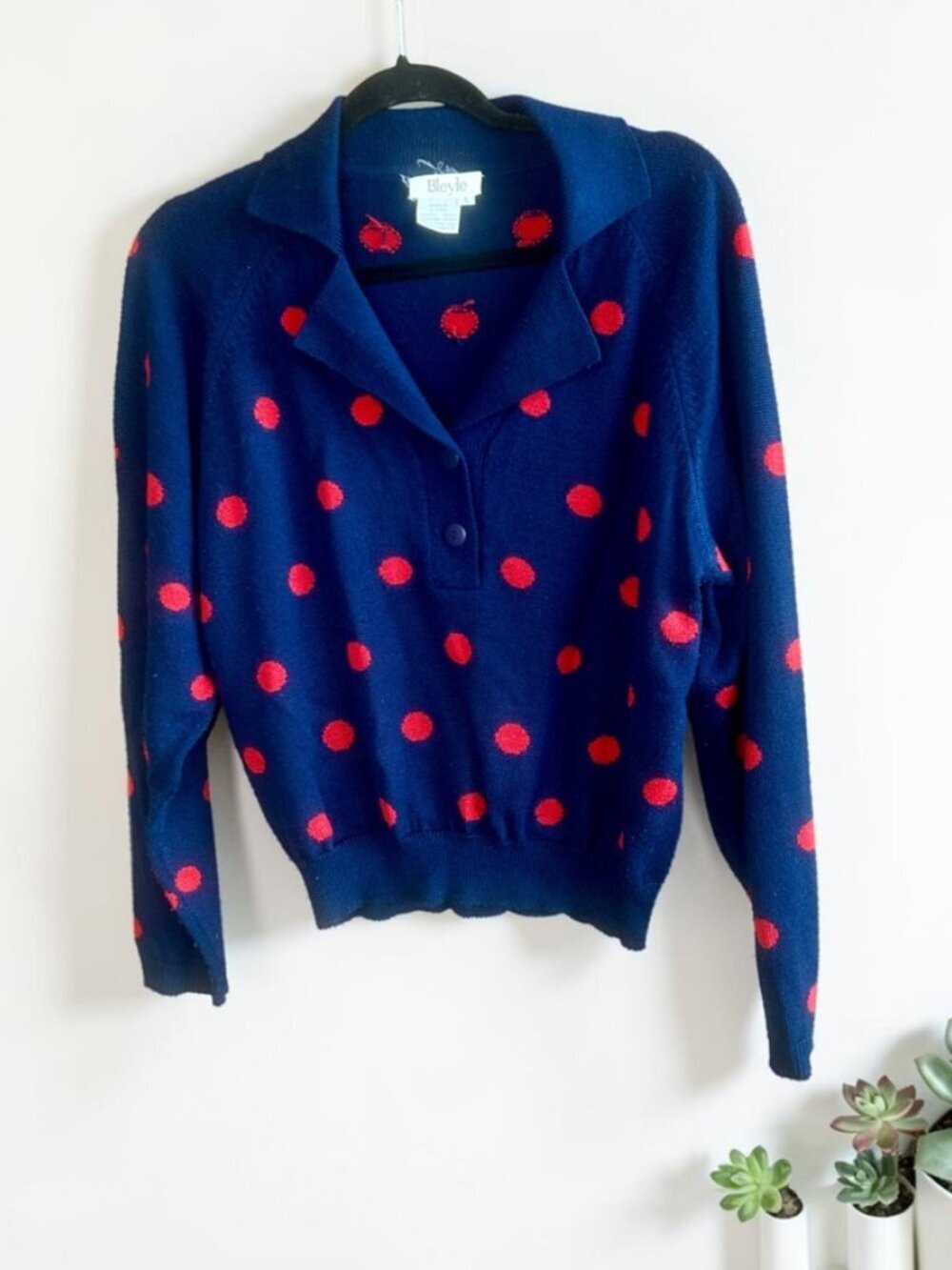 Bleyle Vintage Blue with Red Polka Dot Wool Blend Collared Pullover Sweater